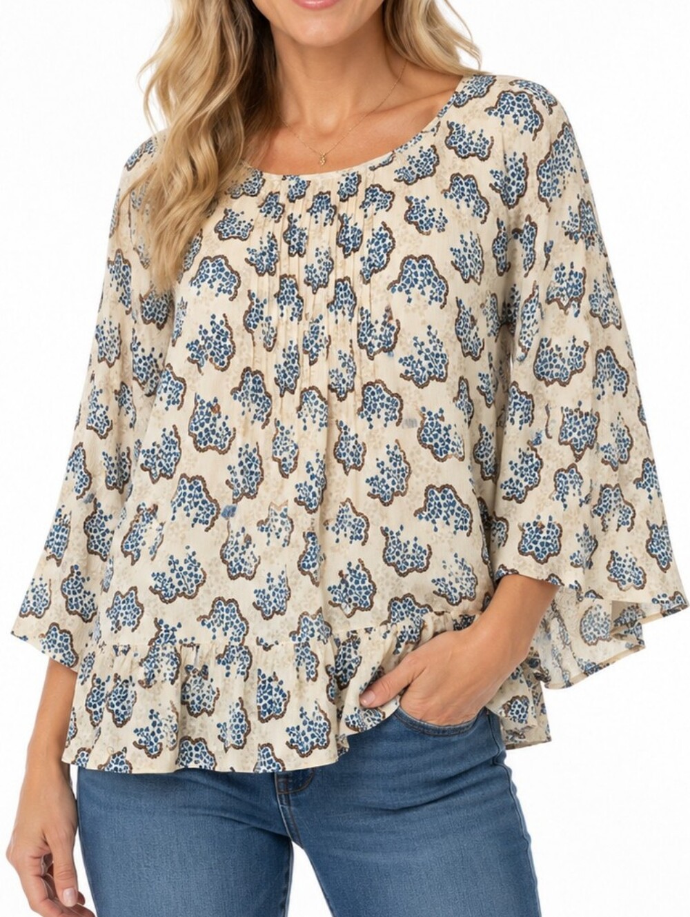 Anna Sui Beige Floral Peplum Blouse with Blue Print NWT